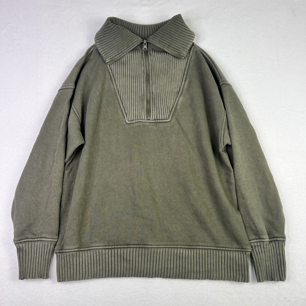 Aerie Down To Earth Oversized Quarter Zip Womens XS Green Pullover Sweatshirt